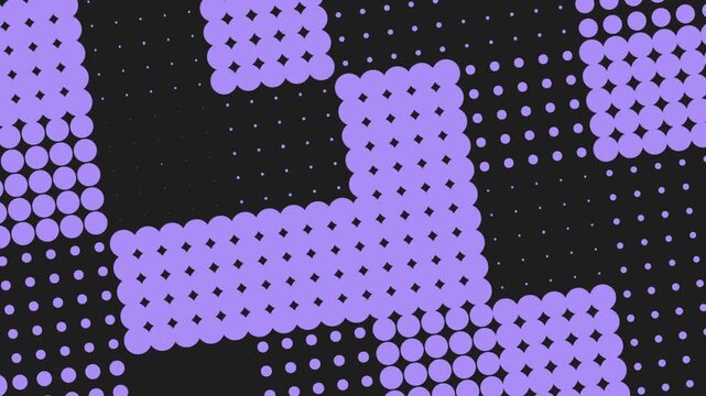 A visually striking modern design in purple and black, featuring overlapping dots arranged in a grid pattern on a black background, creating a captivating visual aesthetic