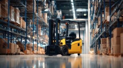 Yellow forklift operating in a large modern warehouse with stacked boxes