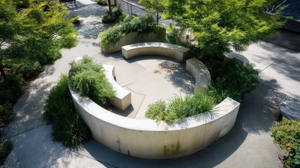 Obraz premium Modern urban park design featuring circular concrete benches and planters creating a serene communal space for relaxation and social gathering in a contemporary green environment
