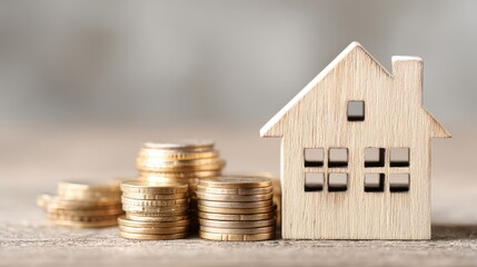 Concept of real estate investment with a miniature house and coin stacks