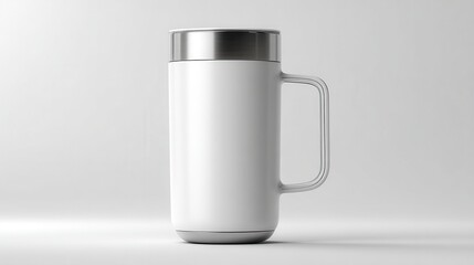 White travel mug with silver lid and handle, isolated on white background