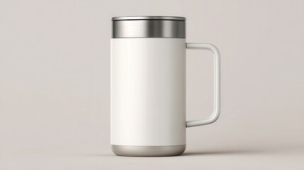 White travel mug with silver lid and handle on a light background