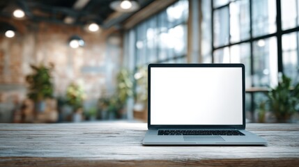 Modern laptop with blank display on a rustic wooden table in a blurred office