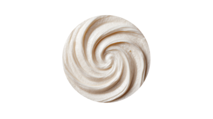Whipped cream swirl with a rich texture, forming a decorative top view on transparent background, perfect for sweet dessert toppings, baking, and confectioneries, png