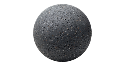 Sphere showcasing dark gray porous asphalt material texture featuring aggregate stones and an uneven surface, on transparent background for easy use and layering,png