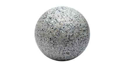Round granite stone material sphere presenting a rough textured surface with speckled gray and black aggregate on a transparent background, ideal for 3d rendering and graphic design, png