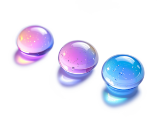 ぷるんとしたオーロラカラーに輝く透明ジェルドロップ3粒の幻想アート 3Dレンダリング ジェネレーティブAI