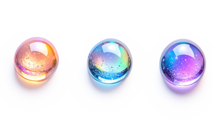 虹色のガラス玉　キラキラの球体　グラデーションが美しいホログラム美容液バブルの並び 3Dレンダリング ジェネレーティブAI