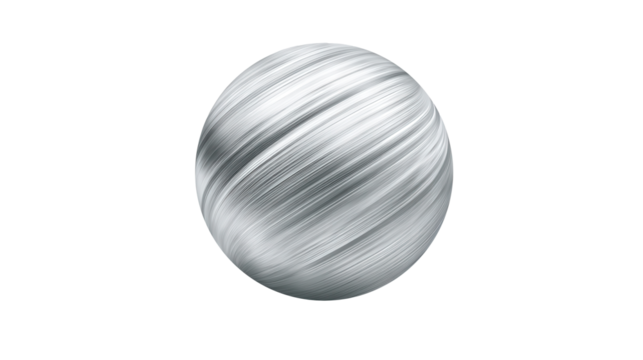 Abstract silver sphere forming a dynamic swirling pattern, showcasing motion and fluidity with a brushed metallic texture, isolated on a transparent background, png