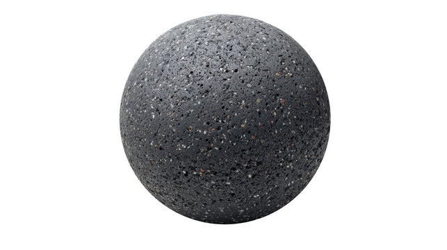 Sphere showcasing dark gray porous asphalt material texture featuring aggregate stones and an uneven surface, on transparent background for easy use and layering,png