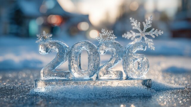 Ice numbers 2026 stand glistening on fresh winter snow, adorned by beautiful snowflakes. - Powered by Adobe