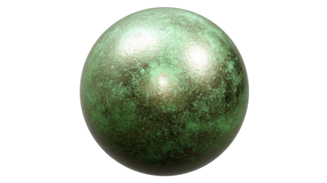 Bronze metallic sphere showing a thick green patina, featuring an oxidized and antique surface texture with weathering and corrosion, presented with a transparent background, png