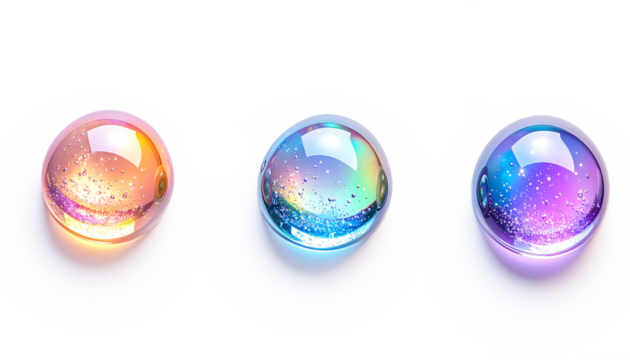 虹色のガラス玉　キラキラの球体　グラデーションが美しいホログラム美容液バブルの並び 3Dレンダリング ジェネレーティブAI