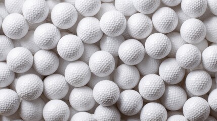 Textured background of numerous white golf balls in a closeup shot