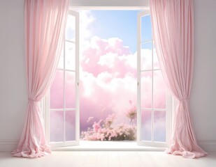 Open Window with Pink Curtains Overlooking Dreamy Pastel Clouds