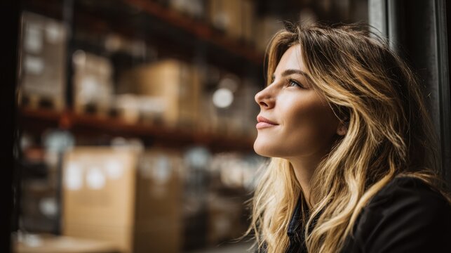 Young woman smiles looking up thoughtfully, envisioning future success in busy warehouse environment.