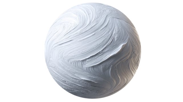 Textured white stucco sphere with cream swirling plaster brush strokes, creating a minimalist, organic relief perfect for architectural backdrops, interiors, and graphic design, png