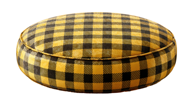 Round pouf in vibrant yellow and black buffalo plaid upholstery, soft and plump, ideal as a footrest or casual seating accent for modern interiors, isolated on transparent background,png