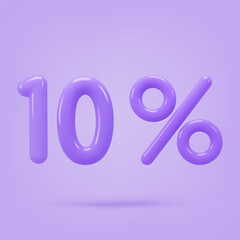 Purple icon, 3d render ten percent sign, 10 %. Realistic design element. Vector illustration isolated on lilac for postcard, icons, poster, banner, web, design, arts. Black Friday Sale