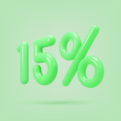 Green icon, 3d render fifteen percent sign, 15 %. Realistic design element. Vector illustration isolated on green for postcard, icons, poster, banner, web, design, arts. Black Friday Sale