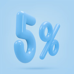 Blue icon, 3d render five percent sign, 5 %. Realistic design element. Vector illustration isolated on blue for postcard, icons, poster, banner, web, design, arts. Black Friday Sale
