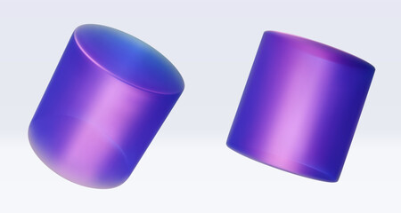 3d iridescent hologram cylinder, barrel. Render geometry figure in purple, pink, blue colors. Vector illustration isolated on white for design projects, product display, presentation, adv