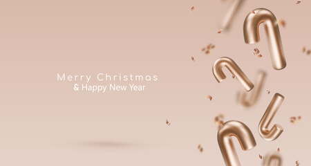 Banner with golden candy cane. Christmas vector illustration for postcard, business card, decor, design, arts, party, sale, advertising