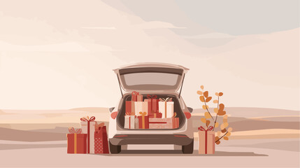 Open car trunk filled with wrapped packages for special occasions and celebration marketing campaigns, with space for text