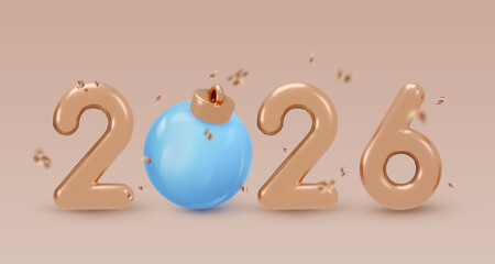 Realistic icon, 3d render, golden numbers 2026 with blue Christmas ball. Isolated on gold background. Happy New Year Vector illustration for card, party, design, flyer, banner, web, advertising