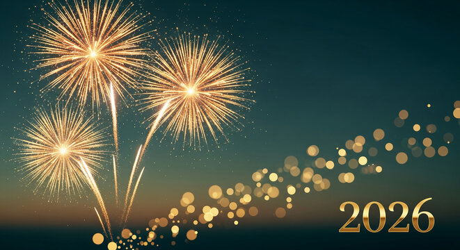 Festive golden fireworks and bokeh lights on a dark teal background with '2026' text, representing celebration, prosperity, and looking forward to the future