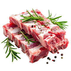 Raw seasoned lamb chops stacked with fresh rosemary and peppercorns on black background