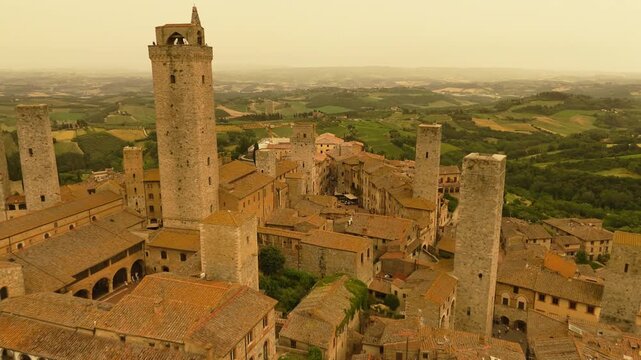 Flight over the beautiful Italian town of San Gimignano in Tuscany