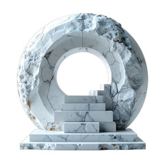 A striking white marble circular gateway structure with rough texture and ascending steps.
