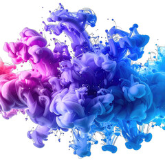 Vibrant magenta and cyan ink swirling dramatically in dark liquid against a black background.