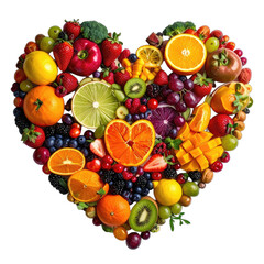 A vibrant heart shape composed entirely of assorted fresh fruits and vegetables against a black background.