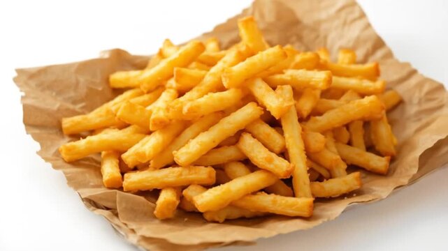 Crispy golden curly fries served on brown parchment paper, isolated on white. 4k video