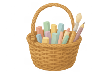 Art supplies in a basket for creative drawing