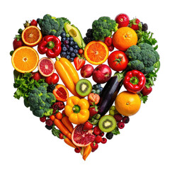 A vibrant assortment of fresh fruits and vegetables meticulously arranged into a heart shape against a solid black background.