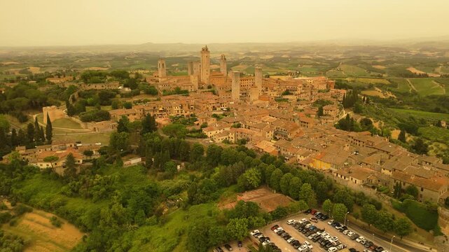 Zooming out from the Tuscan town of San Gimignano in Italy