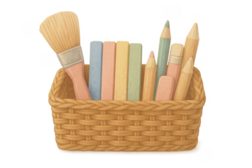 Art supplies in wicker basket with transparent background