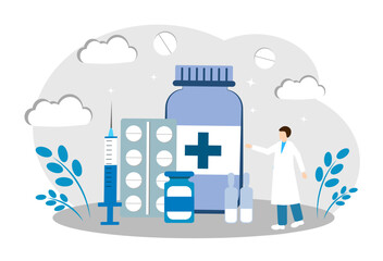 Pharmacist with medicines, pills, ambules, syringe and bottles. Pharmacological concept