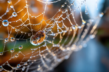 Dew Drops on Spiderweb with Fall Colors Background