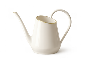 White ceramic watering can with gold trim on transparent