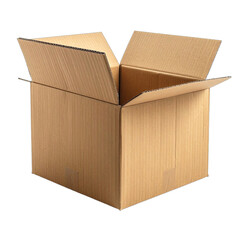 An empty, open corrugated cardboard shipping box isolated on a black background.