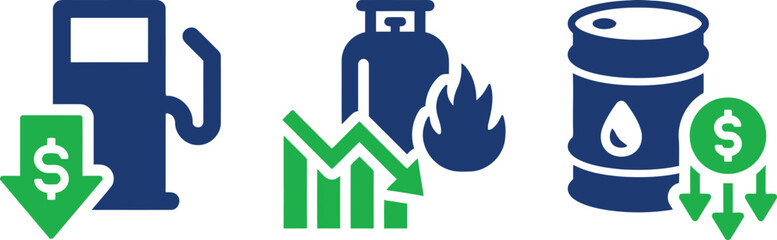 energy, price, decrease, icon, gas, station, fuel, pump, dollar, money, arrow, down, green, graph, chart, propane, cylinder, flame, fire, oil, barrel, drop, economy, cost, reduction, saving, finance, 