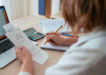 Woman checking paper bills while calculating expenses at home. Over-shoulder view of pencil and...
