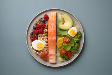 Colorful healthy meal with salmon, vegetables, and fruits served on a plate