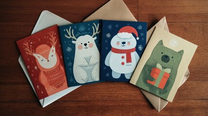 Obraz premium Holiday card set with cheerful greetings and character illustrations