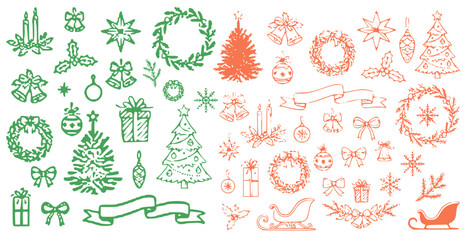 Retro whimsical vintage new year 2026 table and home decor set in doodle line art print style, hand drawn ink winter xmas party invitation card elements.