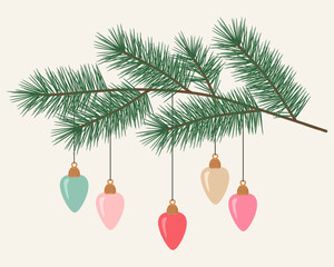 Christmas tree branches decorated with colorful balls. Vector holiday illustration in flat style.